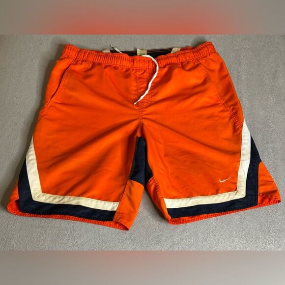 Men's VTG Nike Y2K Lined Swim Trunks Size XL/XXL Orange Blue Spellout Swoosh - Picture 1 of 16